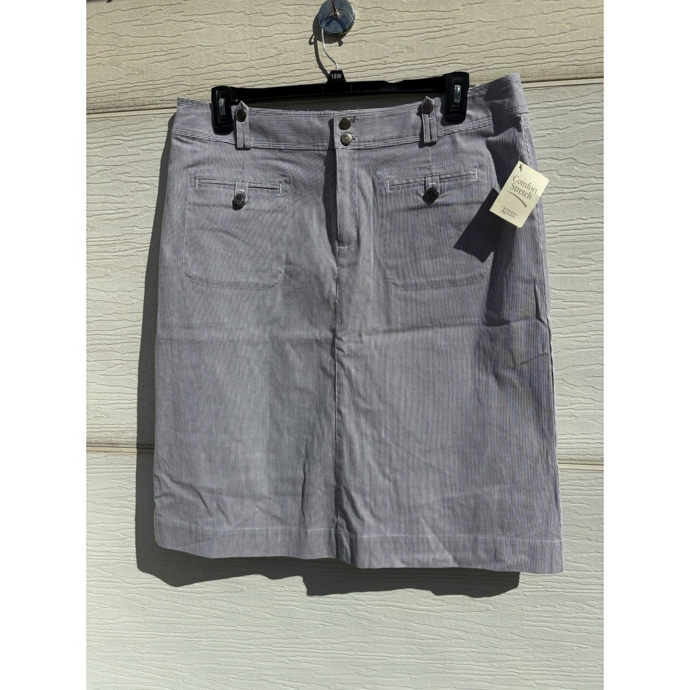 NWT Christopher & Banks Denim Skirt 16 Knee Length Zip Snap Pockets Striped